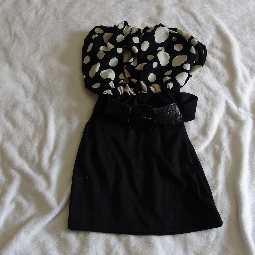 G). VINTAGE Strapless Mini Dress with Polka Dots Black White Size Small - Picture 6 of 6